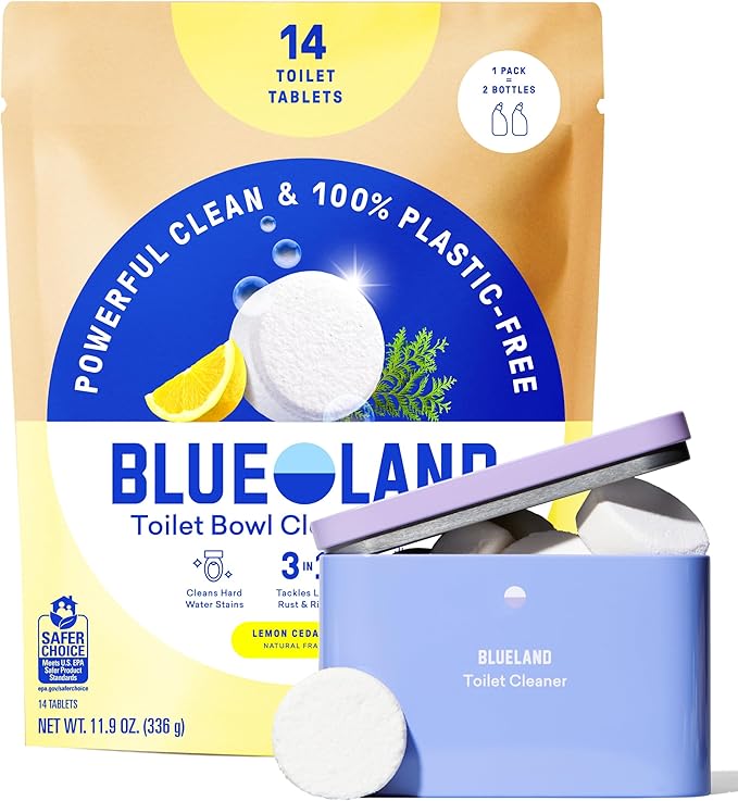BLUELAND Toilet Bowl Cleaner Tablets Starter Set 14 Count with Tin Lemon Cedar Plastic-Free No Harsh Chemicals Plant-Based
