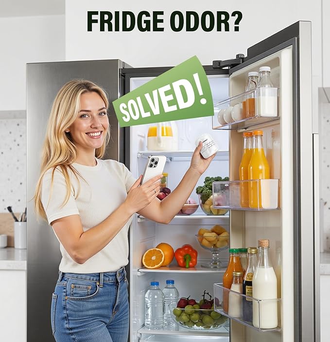 Refrigerator Deodorizer - 10-Year Odor Eliminator for Refrigerator &amp Freezer No Baking Soda Needed Neutralizes Food Smells Space-Saving Air Filter White