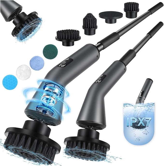 Electric Spin Scrubber -[Upgraded Version] [IPX7 Waterproof] Bathroom Scrubber Electric with 7 Brush Heads 2 Speed 400 RPM Power Scrubber with Detachable Long Handle for Bathroom Home