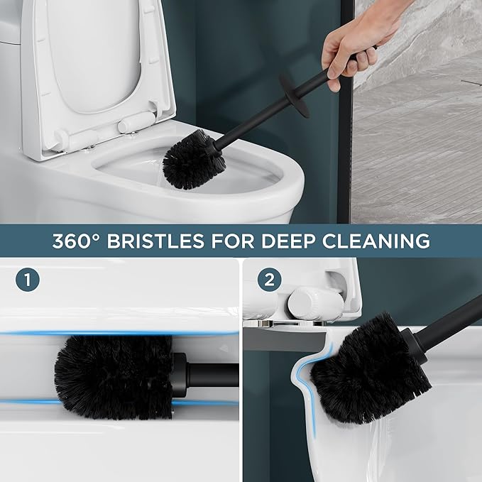 FORIOUS Toilet Brush and Holder Set Heavy Duty 304 Stainless Steel Base Square and Long Handle for Bathroom Deep Cleaning Drip-Proof Space Saving for Storage 2 Toilet Bowl Brush Head Black