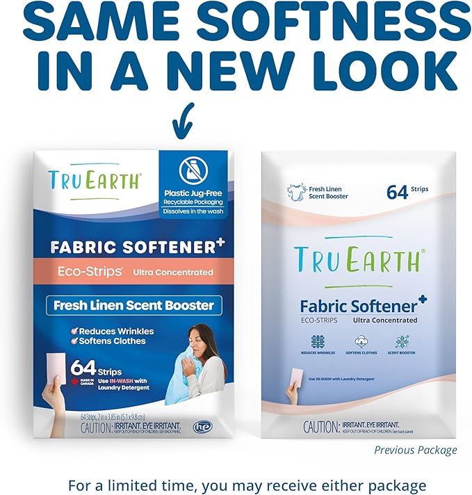 Tru Earth Fabric Softener Strips for Washing Machine Alternative to Fabric Softener Liquid and Pods Fresh Linen Scent Booster Up to 128 Loads Per 64-Count
