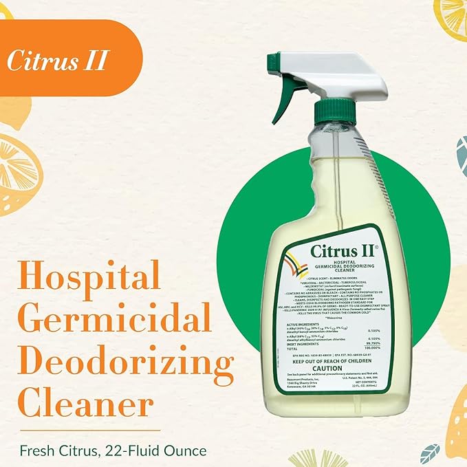 Citrus II Hospital Germicidal Deodorizing Cleaner - Fresh Citrus Scent - Disinfecting Spray- for Home Hospital and Office Surfaces and Supplies - 22 Fl Oz - Pack of 2