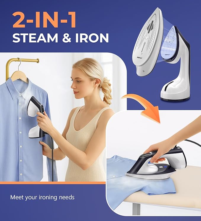 Steamer for Clothes 1600W 2-in-1 Steamer &amp Iron with Large Ceramic Plate Powerful Turbo Steam Smart Temperature Control Auto-Off Wrinkle Remover for All Fabrics