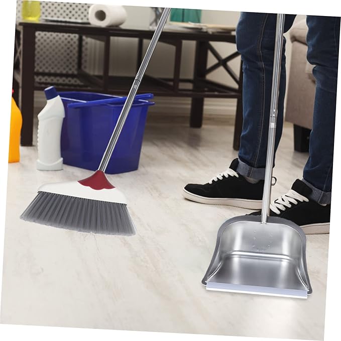 POPETPOP 1set Stainless Steel -Handle Broom and Dustpan for Home Cleaning Ergonomic Design Flexible Bristles Wind Dustpan for Easy Indoor and Outdoor Use