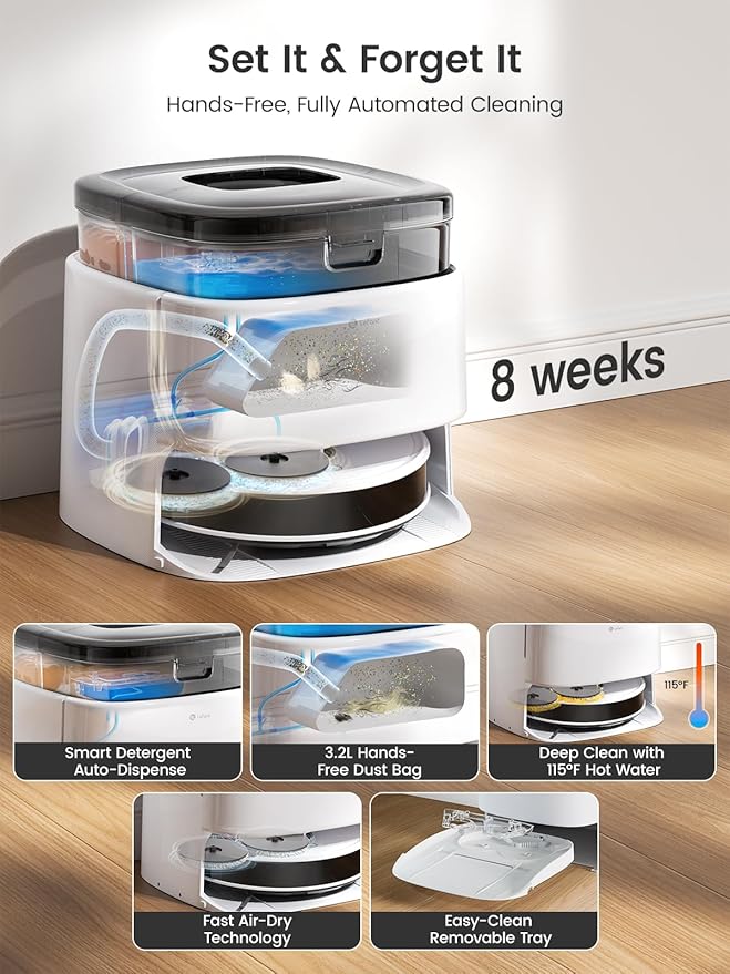 Lefant M3 Robot Vacuum Auto Mop Washing 12000Pa Suction Self-Emptying &amp Refilling 9mm Mop Lifting 200RPM Spinning Mops Smart Obstacle Avoidance White