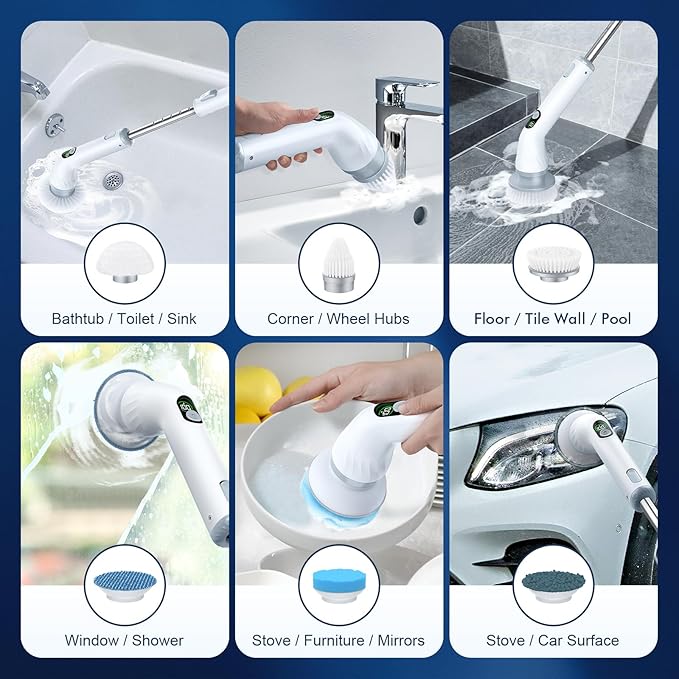 LABIGO Electric Spin Scrubber LA4 Pro Dual Speed Bathroom Scrubber with Display &amp 6 Replacement Cleaning Heads Cordless Power Scrubber with Adjustable &amp Detachable Handle for Bathroom Floor