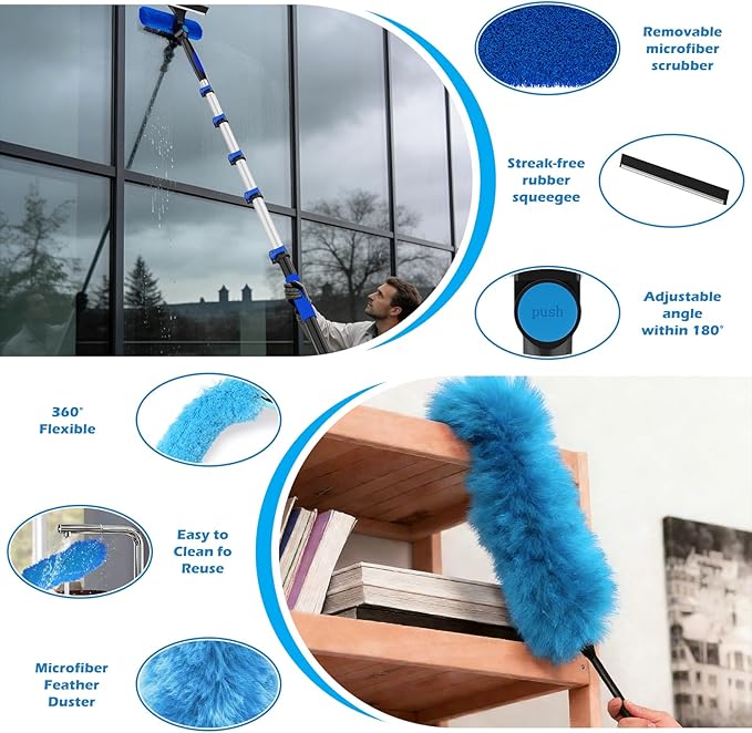 25FT Reach High Ceiling Duster Kits with 5-20FT Adjustable Pole - Includes Extra Long Duster High Ceiling Duster Rotatable Window Squeegee &amp Cobweb Duster for Ceiling Fans and Whole House Cleani