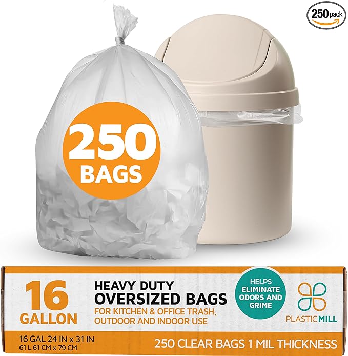 PlasticMill Heavy Duty Trash Bags - Clear Garbage Bags - Plastic Trash Bags - Kitchen Bathroom Office Garbage Bags Trash Can Liners - 12-16 Gallon 1 Mil 24x31 (250-Count)