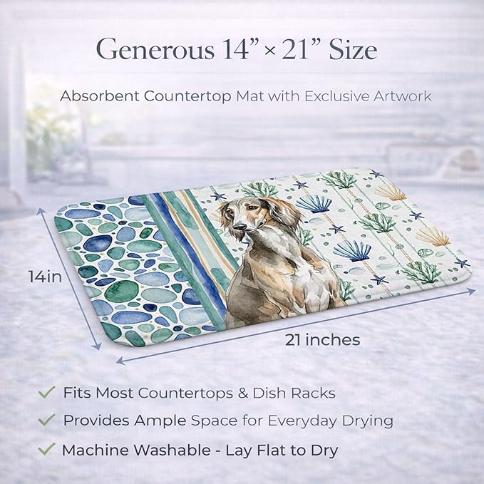 Caroline's Treasures Grizzle Saluki Coastal Sea Glass Dish Drying Mat Absorbent Dish Drying Mat Pad for Kitchen Counter Dish Drainer Mat for Countertop 14 x 21 Multicolor