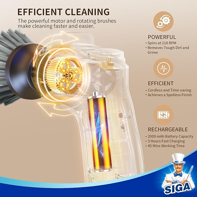 MR.SIGA Electric Spin Scrubber for Kitchen and Bathroom Cleaning Waterproof Rechargeable Cordless Spin Scrubber with 5 Replaceable Cleaning Brushes and Pads