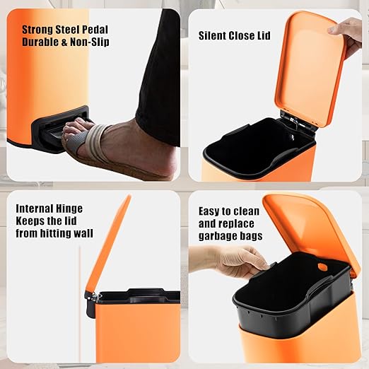 Cesun Small Bathroom Trash Can with Lid Soft Close Step Pedal 6 Liter / 1.6 Gallon Stainless Steel Garbage Can with Removable Inner Bucket Anti-Fingerprint Finish (Matt Orange)
