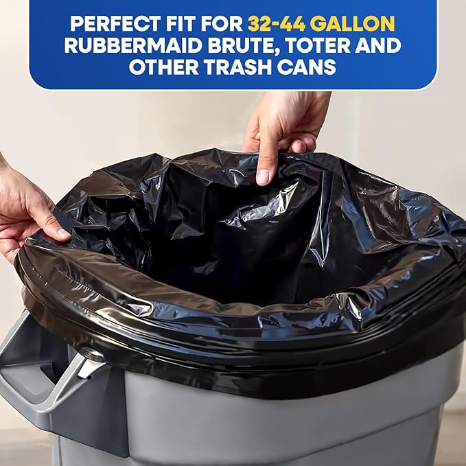 40-45 Gallon Trash Bags Heavy Duty 2Mil Fit Rubbermaid Brute Rollout Round and Square 32-44 gal Trash Cans 40 x 46 Outdoor Garbage Bags Black Pack of 100