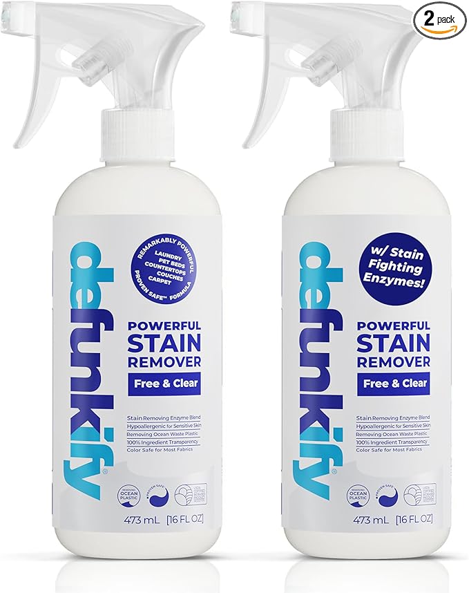 Laundry Stain Remover Spray 32oz. Enzyme 'Free &amp Clear' Stain Treater Spray &amp Spot Remover Prewash Detergent for Clothes Carpet &amp Gear. ProvenSafe™ Cleaning Supply for Pets Kids &amp S