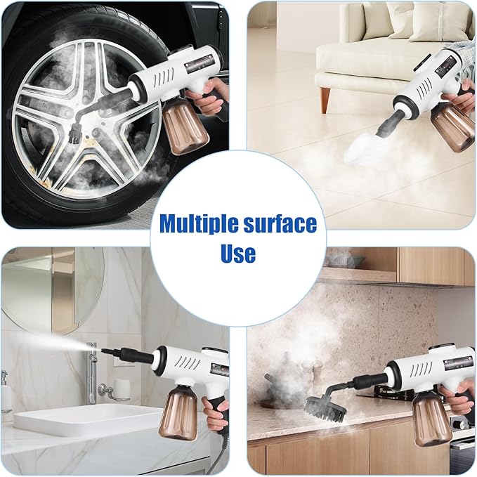 1500W Portable Handheld Steam Cleaner 10s Quick Heat 3-Temp Adjustable - Deep Cleaning Machine with 600ml Tank 3 Brushes Bent Nozzle Window Scraper Storage Bag 5.2ft Cord (US plug)