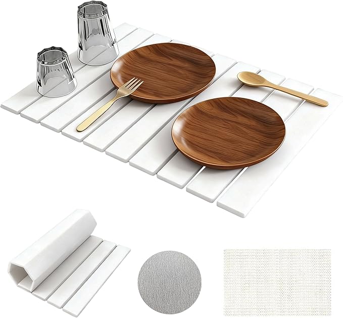 Large Stone Drying Mat for Kitchen Counter 24×16 Foldable Super Absorbent Stone Dish Drying Mat for Tableware Bottles and Cups Non Slip Diatomaceous drying matt kitchen counter (White)