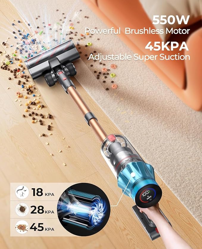 Cordless Vacuum Cleaner 550W/45Kpa Stick Vacuum Cleaners 60 Mins Max Runtime with Charging Dock Self-Standing Handheld Vacuum with Touch Display 6-in-1 Vacuum Cleaner for Carpet/Hard Floor/Pet Hair