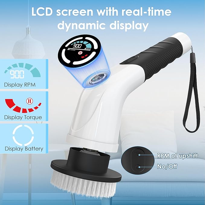 Electric Spin Scrubber Cordless Cleaning Brush with 180 Min Runtime 3-Speed 7 Replaceable Brush Heads &amp Long Detachable Handle LCD Display (RPM/Torque/Battery) for Bathroom Kitchen Tile