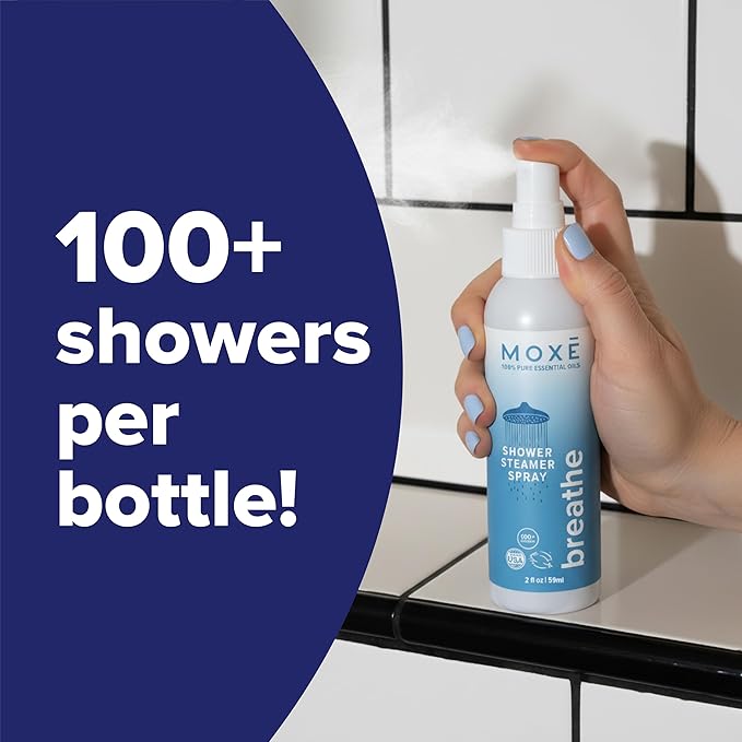 MOXE Aromatherapy Shower Mist Variety Pack Eucalyptus Lavender Breathe and Dream Spa Steam Spray Natural 100% Essential Oils Made in USA Aromatherapy Sinus Congestion Relief 4 Pack (8oz)