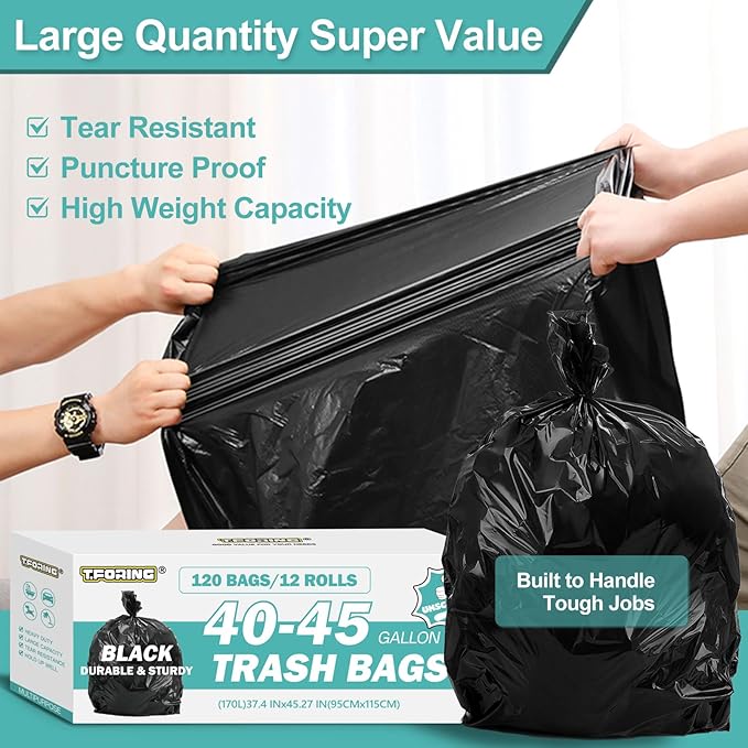 40-45 Gallon Black Trash Bags 120 Count - 37''x45'' Large Garbage Bags Unscented 40+ Gallon Trash Can Liners Multipurpose for Office Outdoor Recycling and Commercial