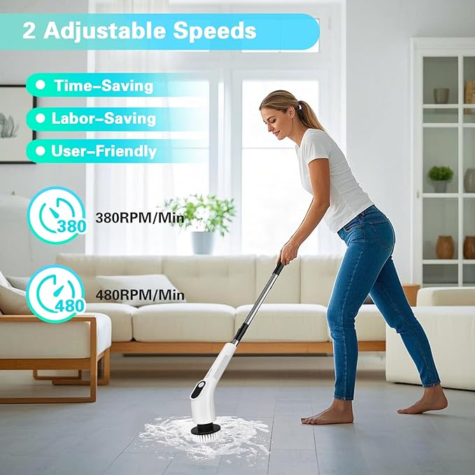 LICHIFIT Electric Spin Scrubber Waterproof Cordless Shower Cleaning Brush with Replaceable Brush Heads and Adjustable Extension Handle 2 Speeds for Bathtub Kitchen Wall Cleaning