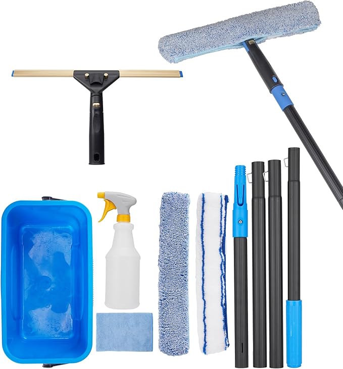 Window Cleaning Kit with Storage Bucket Window Squeegee with 4.13ft Extension Pole Scrubber Spray BottleDuster Cloth Squeegee with Rotating Head Professional Window Cleaning Tools