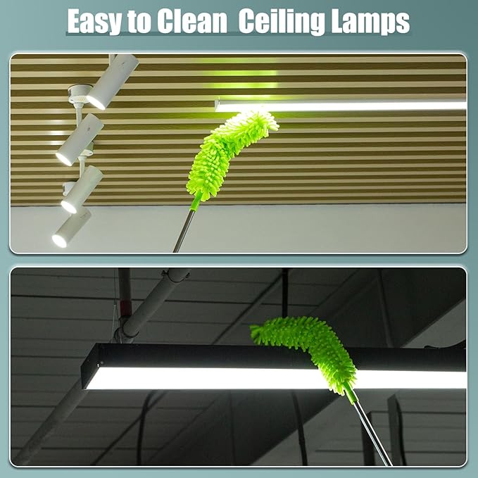 Microfiber Duster with Extension Pole 30 to 100'' Bendable Reusable Washable Feather Dusters for Cleaning High Ceiling Fan Cobweb Blinds Keyboard Furniture &amp Cars Green Gift for Women (11 PC