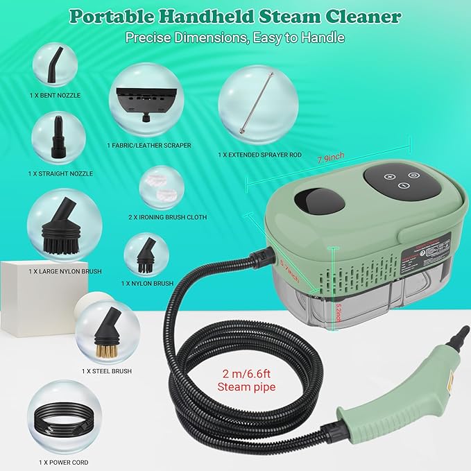 2500W Handheld Steam Cleaner for Home &amp Car 1.1L Portable High-Pressure Steamer 10s Fast Heat-Up 6-Level Adjustable Steam Multipurpose Cleaning Kit – Green