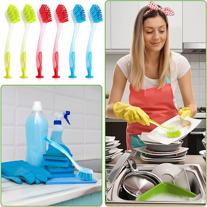 Boao 20 Pieces Long Dish Brush with Handle Assorted Color Dishwashing Brush with Suction Cup Multipurpose Cleaning Tool for Kitchen Toilet Etc