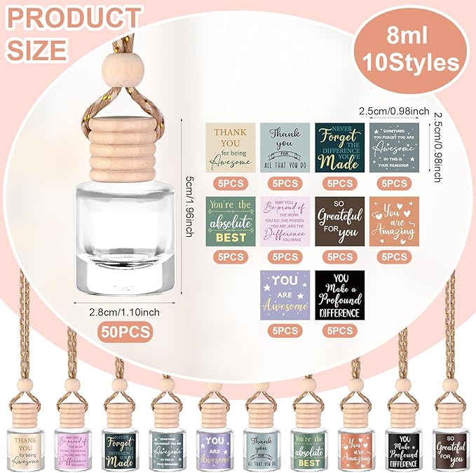 50 Set Employee Appreciation Car Air Freshener Diffuser Gift Inspirational Hanging Car Empty Glass Essential Oil Bottle with DIY Sticker Thank You Gifts for Coworker Teachers Staff (Cylinder)