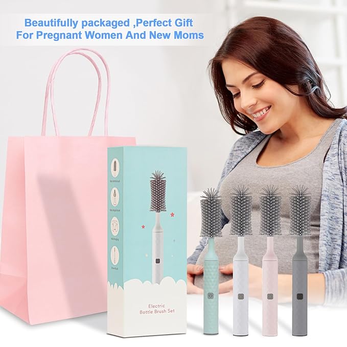 Electric Bottle Brush 4 Piece Bottle Brush Set with Baby Bottle Brush Cleaner Nipple Brush Pacifier Cleaner Straw Cleaner Brush Gifts for Newborns and Mothers White