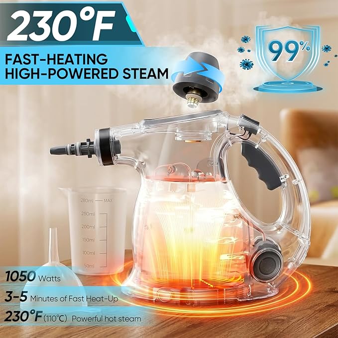 Steam Cleaner Handheld Pressurized Steamer 1050W 230°F Fast Heating with 9 Accessories Multi-Surface Steam Cleaner for Home Car Tile &amp Grout Windows Upholstery (5 Towel Sleeve)