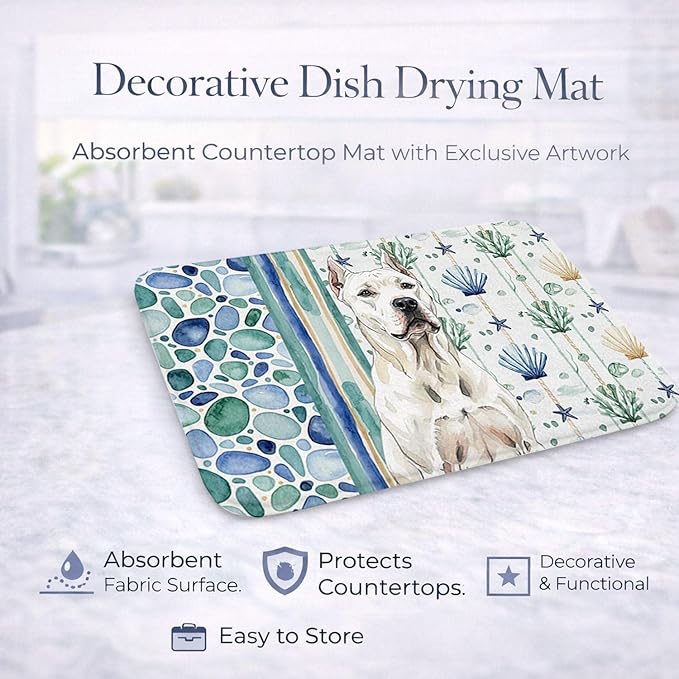 Caroline's Treasures Dogo Argentino Coastal Sea Glass Dish Drying Mat Absorbent Dish Drying Mat Pad for Kitchen Counter Dish Drainer Mat for Countertop 14 x 21 Multicolor