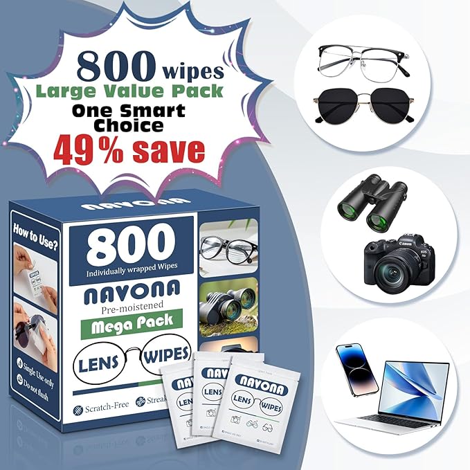800 Count Lens Wipes for Eyeglasses – Pre-Moistened Individually Wrapped Eyeglass Cleaning Wipes – Scratch-Free Streak-Free Glasses Cleaner Wipes for Sunglasses &amp Camera Lens – Bulk Pack