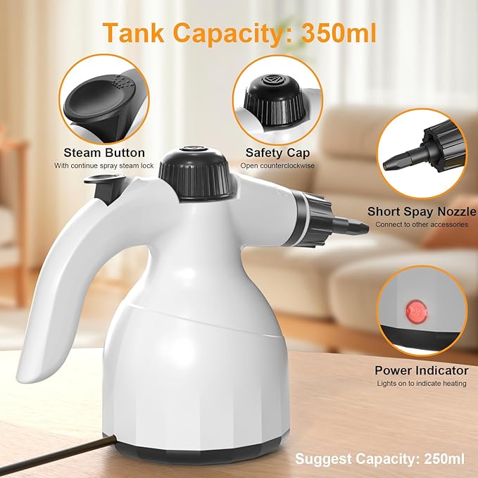 Handheld Steam Cleaner: Multi-Surface Steamer with 10 PCS Accessories Pressurized Natural Steam Cleaner for Home Cleaning Dirt Grease Grout Tile Floor Couch and Car White