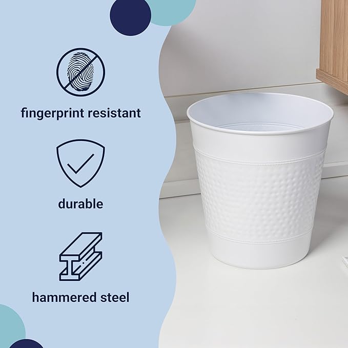 happimess HPM1111D Riley Modern Classic Hammered Steel Accent 2-Gallon Wastebasket for Home Bathroom Living Room Office Bedroom Kitchen Matte White