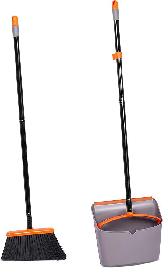 BirdRock Home Broom and Dustpan Set - Lobby Dust Pan - Orange and Grey Durable Set - Indoor or Outdoor - Sweep Combo Great for Kitchen Home Garage and Office - Clip On Self Cleaning Bristles