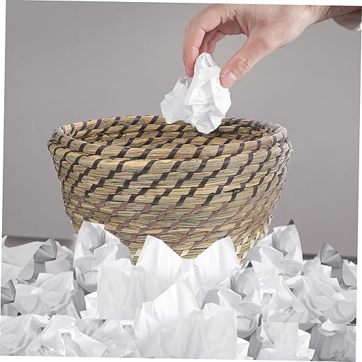 Happyyami Office Waste Basket Under Desk Trash Can Lid Woven Basket Small Trash Can Rustic Design
