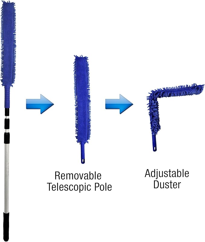 CleanAide Handheld Reusable Microfiber Flex Duster with Adjustable Telescopic Reach Pole – Bendable Lightweight Dust Cleaner for Blinds Shutters Radiators Electronics Glass Hard-to-Reach Areas