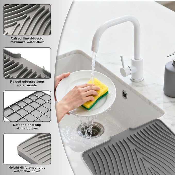 Silicone Dish Drying Mat for Kitchen Counter Dish Drying Pad Non-Slip Drain Pad with Built-in Drain Food-Grade Odorless Easy-Clean Drying Mat (Beige 19.69 x 17)