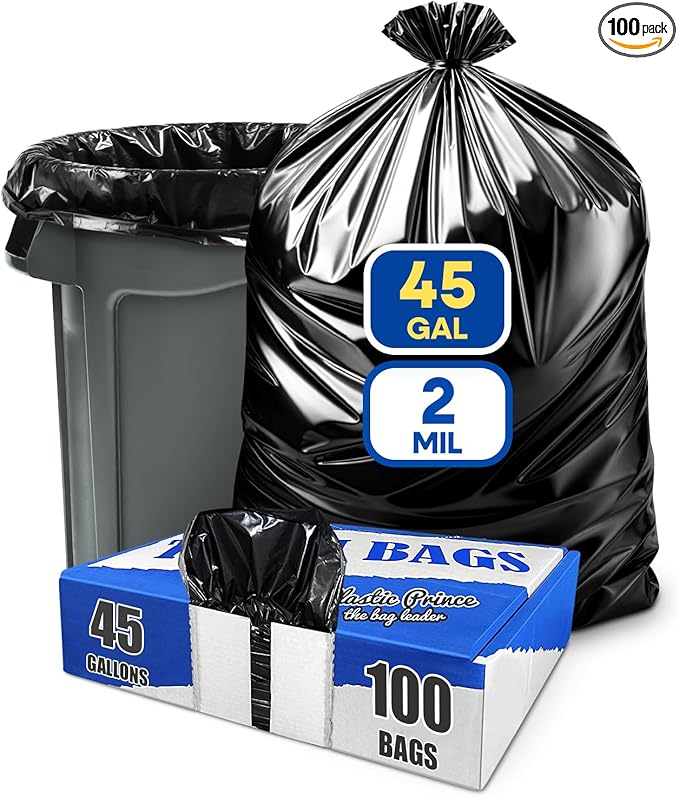 40-45 Gallon Trash Bags Heavy Duty 2Mil Fit Rubbermaid Brute Rollout Round and Square 32-44 gal Trash Cans 40 x 46 Outdoor Garbage Bags Black Pack of 100