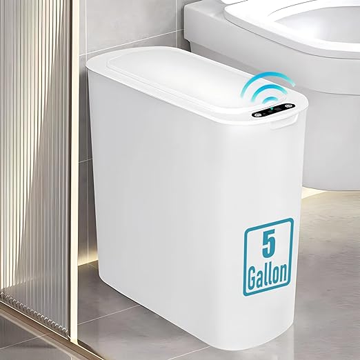 TIPGO 5 Gallon Motion Senor Bathroom Trash Can with Lid Automatic Garbage Can Touchless Smart Plastic Waste Basket for Narrow Spaces Bathroom Office Bedroom Living Room (White)