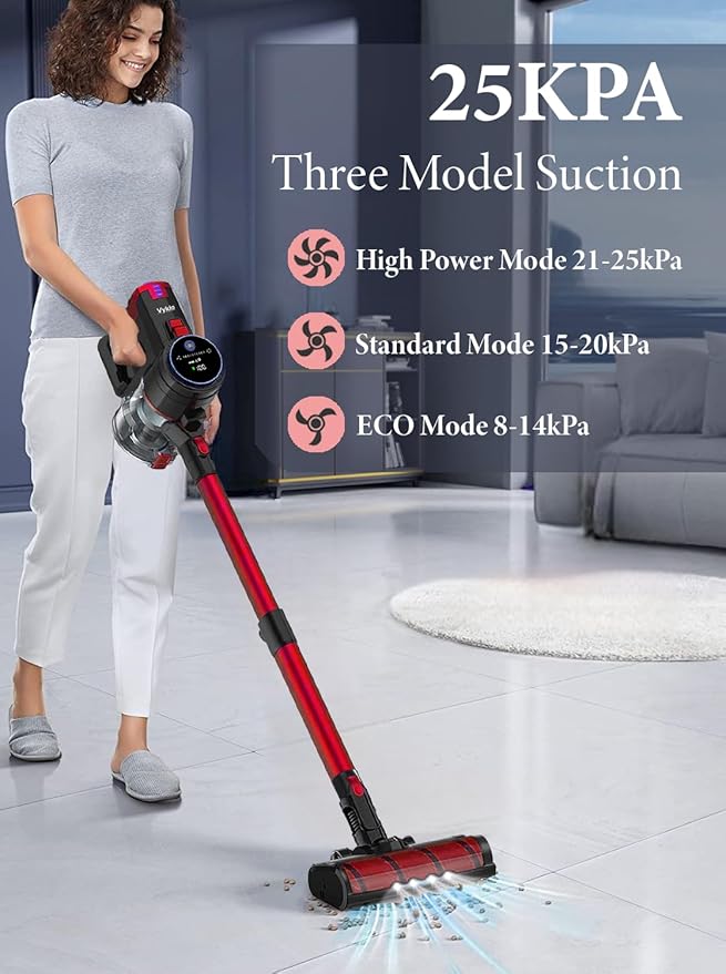 V8 Cordless Vacuum Cleaner Powerful Suction Stick Vacuum 55Mins Runtime Wireless Lightweight Handheld Vacuum Cleaner for Home Hardwood Floor Carpet Car Pet Hair Cleaning (Red)