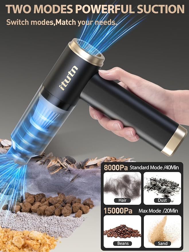Mini Car Vacuum Cleaner 15000PA Powerful Suction Portable Cordless Vacuum for Car Handheld Small Vacuum Cleaner &amp Air Duster for Home DeskPC Keyboard (Mini Vacuum + 11 attachments)