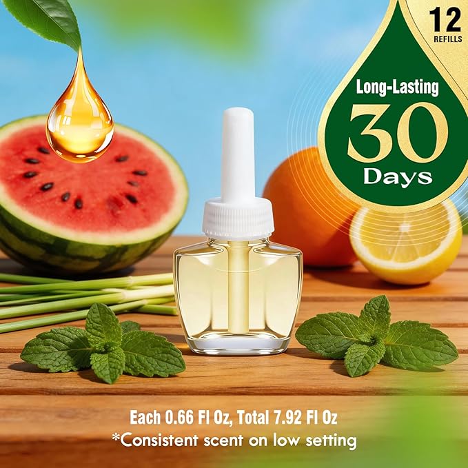 Plug Ins Refills Air Freshener 12 Pack Musk Lemongrass Citrus Mint Watermelon Summer Fragrance for Home and Bathroom Compatible with Air Wick &amp Glade(Excludes Glade Plus)