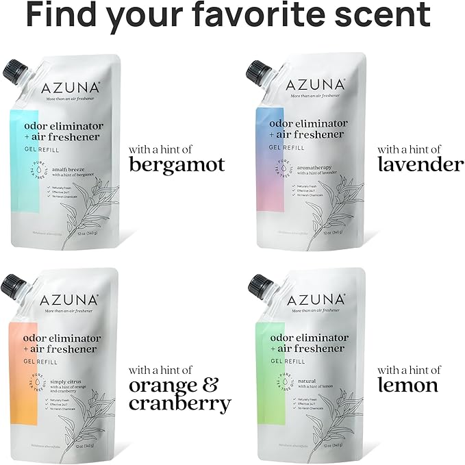 Azuna Air Freshener &amp Odor Eliminator for Strong Odor | 2 Room Kit Includes (2) 8 oz. Empty Luxe Glass Jars &amp 12 oz | Refill with Tea Tree Essential Oil Gel | Amalfi Breeze | Last 60-90 Days
