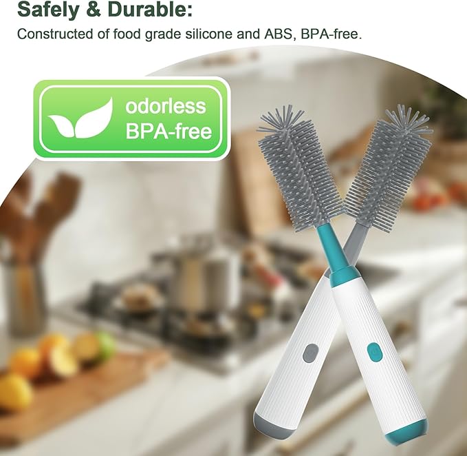 Electric Baby Bottle Brush Cleaner with Extended Handle &amp Drying Holder Baby Bottle Brush Set with Silicone Bottle/Nipple/Crevice/BrushStraw CleanerLifesaver Automatic Bottle CleanerGray