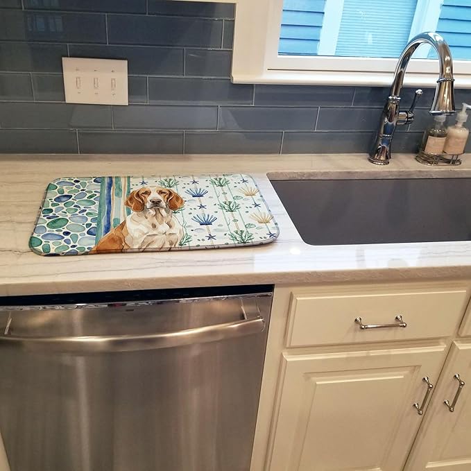 Caroline's Treasures Bracco Italiano Coastal Sea Glass Dish Drying Mat Absorbent Dish Drying Mat Pad for Kitchen Counter Dish Drainer Mat for Countertop 14 x 21 Multicolor