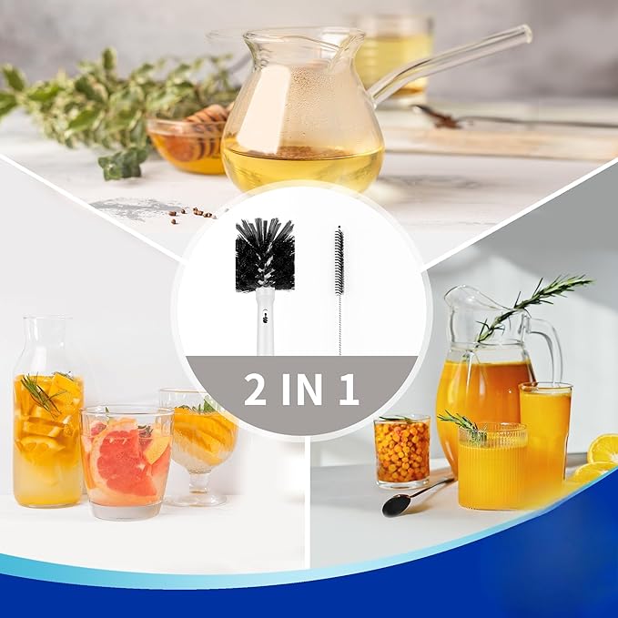 2-in-1 Water Bottle Brush with Straw Cleaner Bamboo Handle 14.2 Inch Long Reach for Tumblers and Baby Bottles 2.3 Inch Wide Head Gray Nylon Bristles