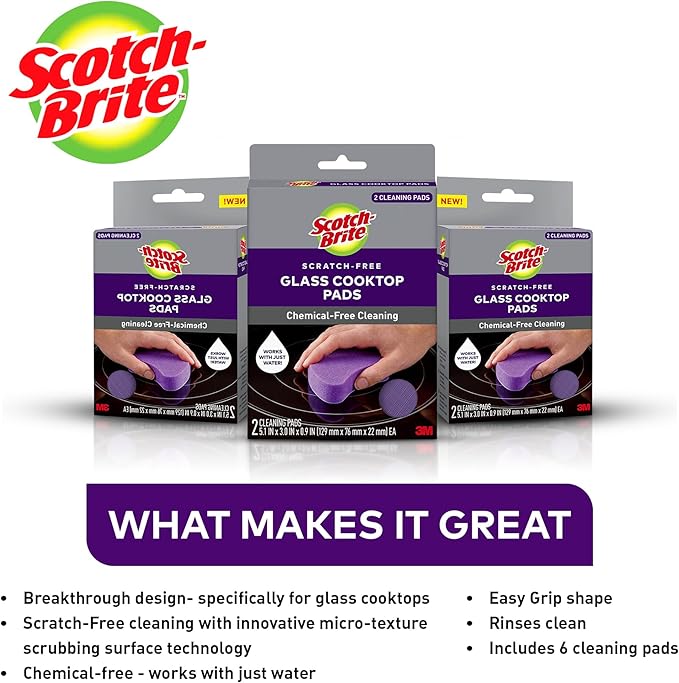 Scotch-Brite Glass Cooktop Pads Scratch-Free &amp Non-Abrasive Scrubbers for Glass or Ceramic Stovetops Cleans Burnt-On Messes with Just Water Reusable Dishwasher-Safe Design (6 Pads)