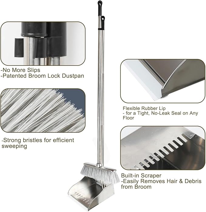 Metal Dustpan with Broom Set Long Handle Stainless Steel DustpanHeavy Duty Standing Dust Pan with Teeth Indoor Outdoor Up for Home Kitchen Lobby Room Office
